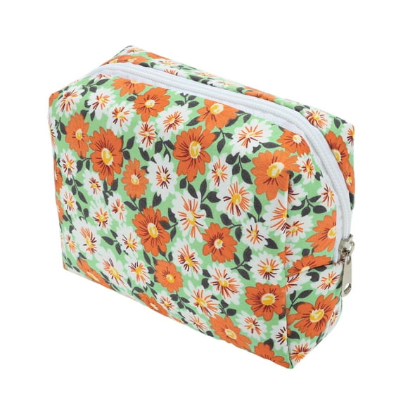 Unique Bargains 1 Pc Women Flower Octagonal Travel Cosmetic Bag for Business Travel Orange Green Polyester