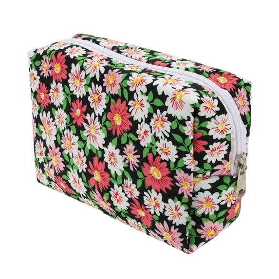 Unique Bargains 1 Pc Women Flower Octagonal Travel Cosmetic Bag for Vacation Business Black Red Polyester