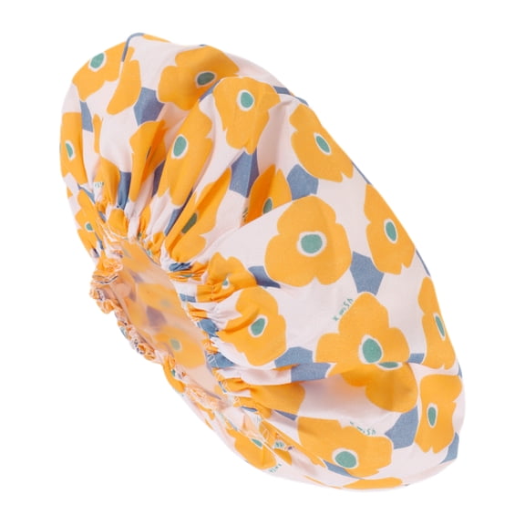 Unique Bargains 1 Pc Women Flower Pattern Shower Cap for Bathroom Business Travel Yellow PEVA Polyester