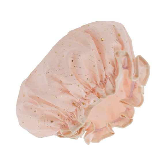 Unique Bargains 1 Pc Women Gold Stars Shower Cap for Bathroom Vacation Travel Hotel Pink PEVA