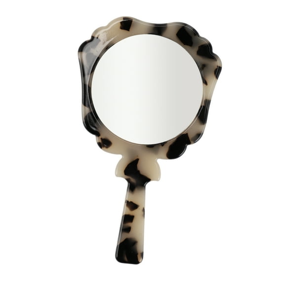 Unique Bargains 1 Pc Women Handheld Makeup Mirror for Beauty Parlor Travel Vacation Black Beige Acetate Glass Mirror