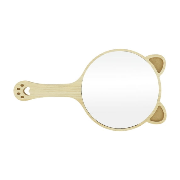 Unique Bargains 1 Pc Women Large Cartoon Ears Handheld Mirror for Beauty Parlor Wood Color Wood Silver Mirror