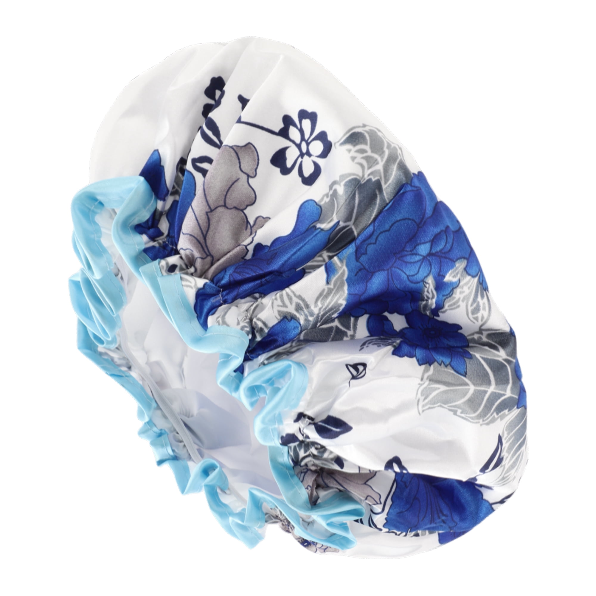 Unique Bargains 1 Pc Women Layer Flowers Shower Cap for Bathroom Vacation Blue White