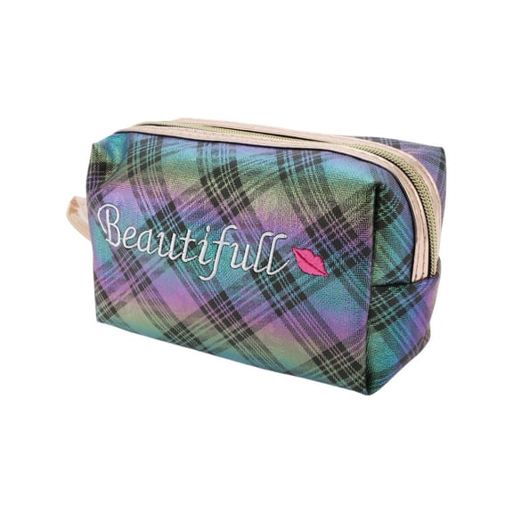 Unique Bargains 1 Pc Women Portable Embroidered Baeutifull Makeup Bag for Travel Vacation Black Blue PU