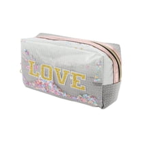 Unique Bargains 1 Pc Women Portable Sequin Embroidery LOVE Makeup Bag for Vacation PU Gray, White