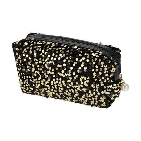 Unique Bargains 1 Pc Women Portable Sequin Makeup Bag for Business Travel Vacation Gold Tone Velvet