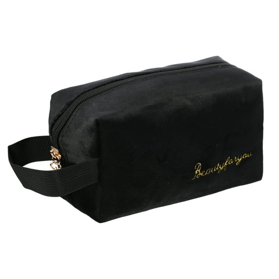 Unique Bargains 1 Pc Women Portable Travel Cosmetic Bag for Vacation Outdoor Activities Black Flannel