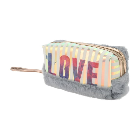 Unique Bargains 1 Pc Women Portable Vertical Stripes LOVE Makeup Bag for Travel Vacation Plush Gray