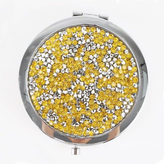 Unique Bargains 1 Pc Women Rhinestones Makeup Mirror Makeup Mirror for Travel Chrome Silver Tone Metal Glass