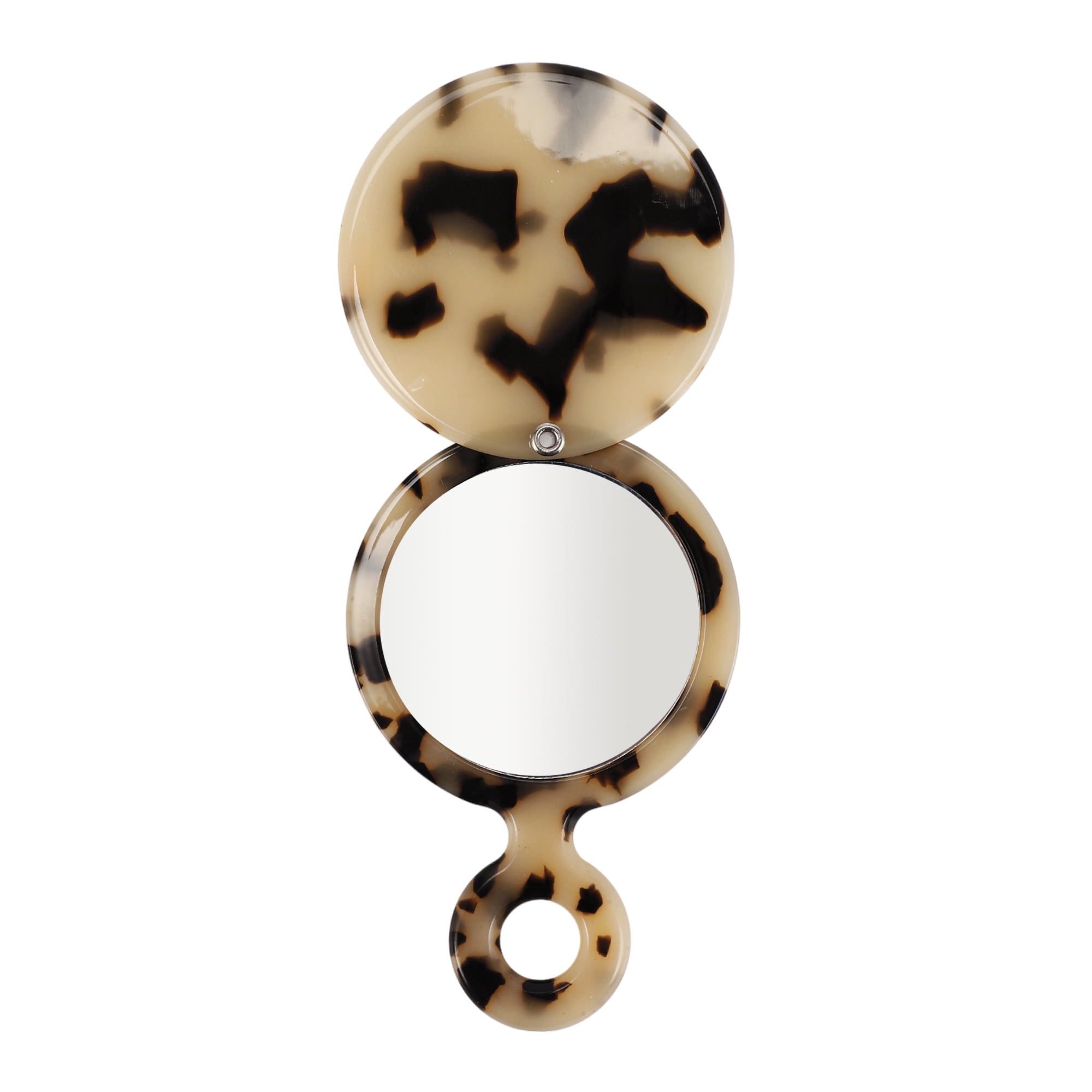 Unique Bargains 1 Pc Women Round Short Handheld Makeup Mirror for Beauty Black Beige
