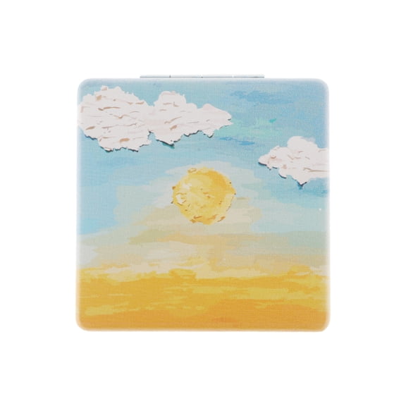 Unique Bargains 1 Pc Women Square Hand-drawn Makeup Mirror for Travel Vacation Yellow Blue