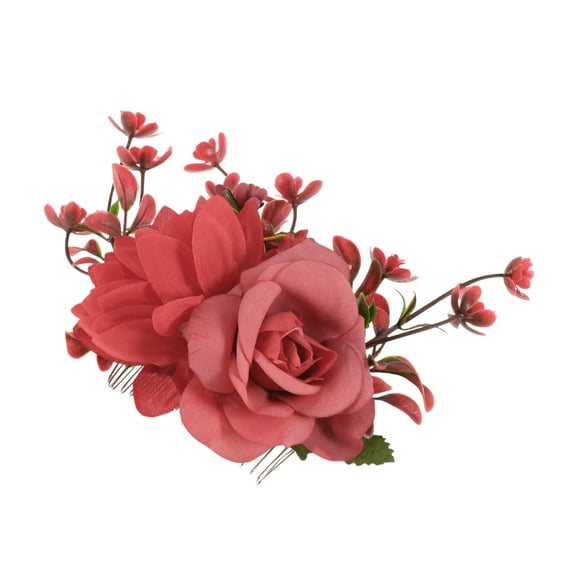 Unique Bargains 1 Pc Women's Fashion Simulated Flowers Side Comb for Parties Red Polyester Fabric Iron