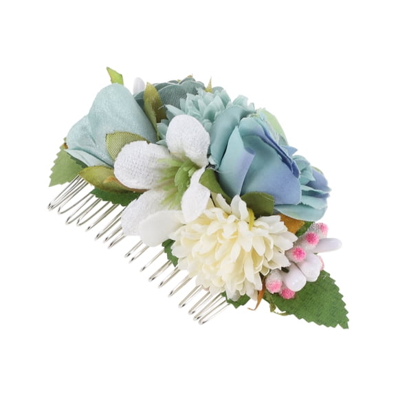 Unique Bargains 1 Pc Women's Flexible Simulated Flowers Side Comb for Parties Blue Polyester Fabric Iron
