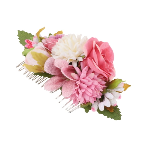 Unique Bargains 1 Pc Women's Flexible Simulated Flowers Side Comb for Parties Pink Polyester Fabric Iron
