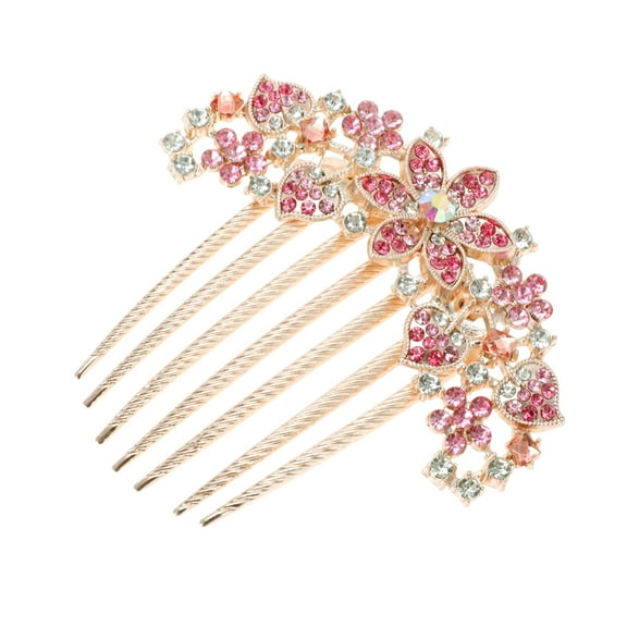 Unique Bargains 1 Pc Women's Floral Rhinestones Side Comb for Parties Pink Alloy