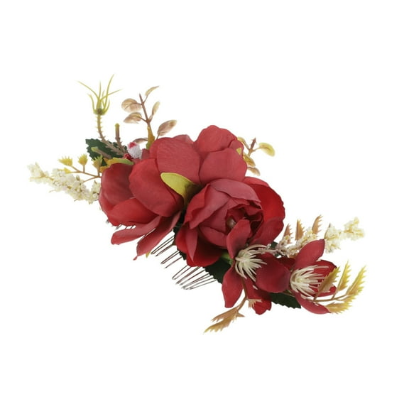 Unique Bargains 1 Pc Women's Lightweight Simulated Flowers Hair Clip Comb for Parties Red Polyester Fabric Iron