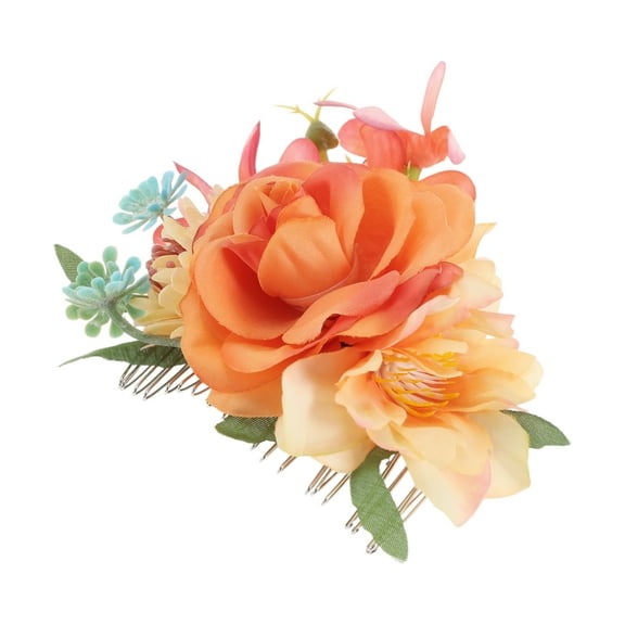 Unique Bargains 1 Pc Women's Lightweight Simulated Flowers Side Comb for Parties Orange Polyester Fabric Iron