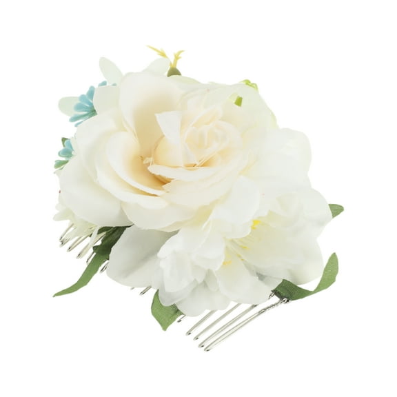 Unique Bargains Christmas 1 Pc Women's Lightweight Simulated Flowers Side Comb for Parties White Polyester Fabric Iron