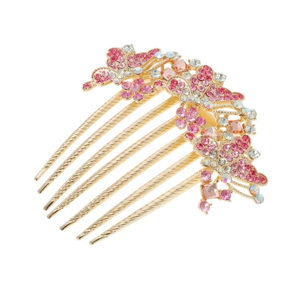 Unique Bargains 1 Pc Women's Portable Butterfly Rhinestones Side Comb for Parties Pink Alloy