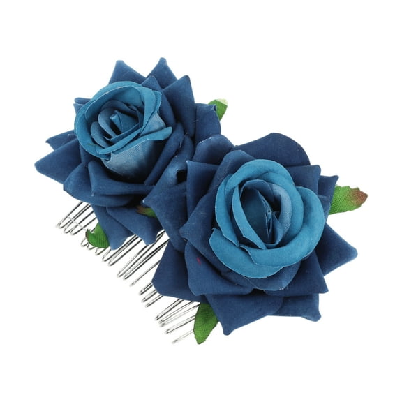 Unique Bargains 1 Pc Women's Portable Simulated Flowers Hair Clip Comb for Parties Blue Polyester Fabric Iron