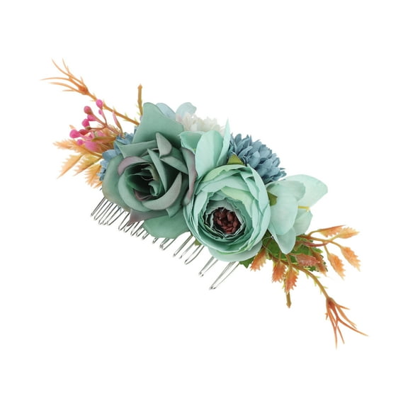 Unique Bargains 1 Pc Women's Portable Simulated Flowers Side Comb for Parties Blue Polyester Fabric Iron