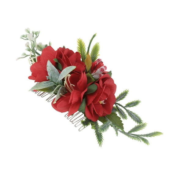 Unique Bargains 1 Pc Women's Reusable Simulated Flowers Hair Clips Comb for Parties Red Polyester Fabric Iron
