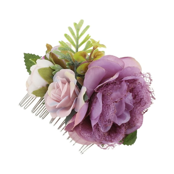 Unique Bargains 1 Pc Women's Reusable Simulated Flowers Side Comb for Parties Purple Polyester Fabric Iron