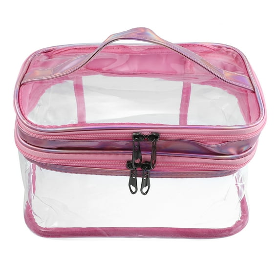 Unique Bargains 1 Pcs Double Layer Makeup Bag Cosmetic Travel Bag Case Make Up Bag Clear Bags Pink
