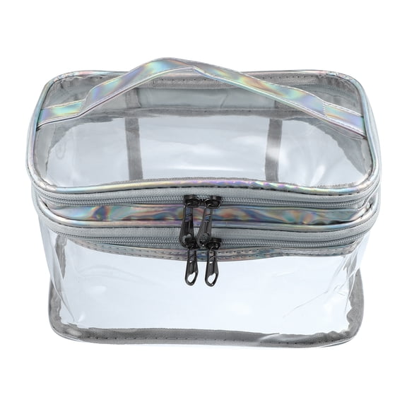Unique Bargains 1 Pcs Double Layer Makeup Bag Cosmetic Travel Bag Case Make Up Bag Clear Bags Silver Tone