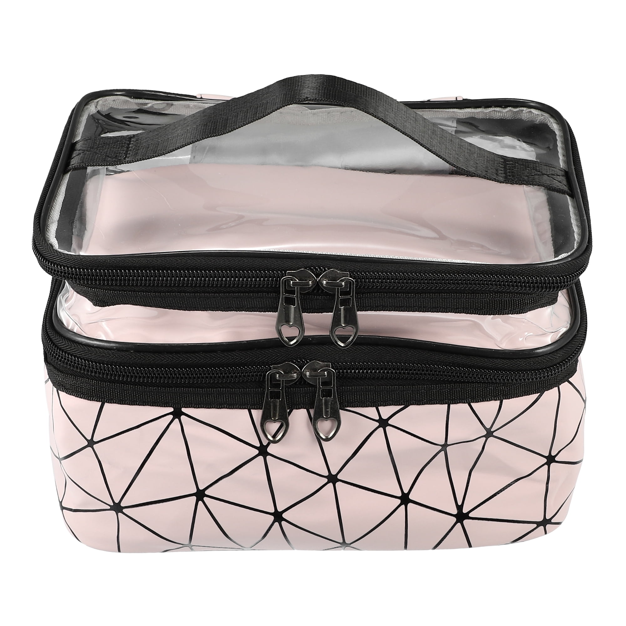 Unique Bargains Double Layer Makeup Bag Cosmetic Travel Bag Case Organizer  Bag Clear Bags for Women 1 Pcs Pink