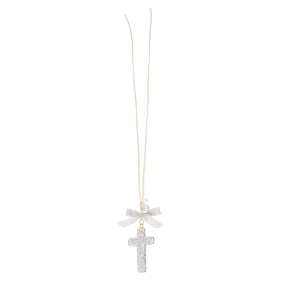 Unique Bargains 1 Pcs Metal Rhinestone Bow Diamond Cross Car Rear View Mirror Pendant Accessories Car Hanging Ornament White