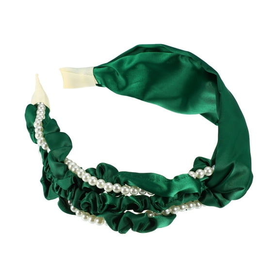 Unique Bargains 1 Pcs Women Knotted Headbands Fashion Faux Pearl Beaded Headband Wide Head Bands Hair Accessories Green