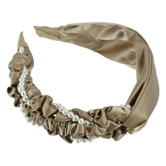 Unique Bargains 1 Pcs Women Knotted Headbands Fashion Faux Pearl Beaded Headband Wide Head Bands Hair Accessories Khaki