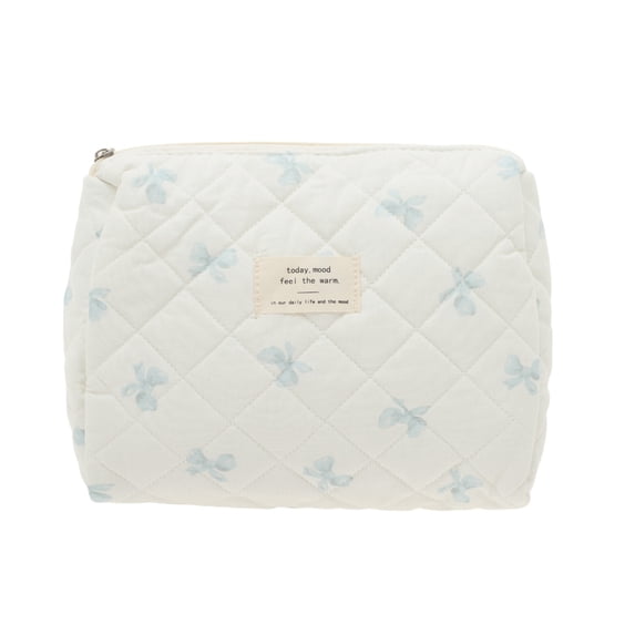 Unique Bargains 1 Piece Bow Quilting Makeup Bag with Smooth Zipper White, Blue
