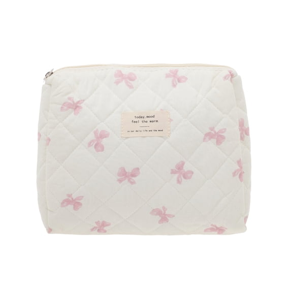 Unique Bargains 1 Piece Bow Quilting Makeup Bag with Smooth Zipper White, Pink