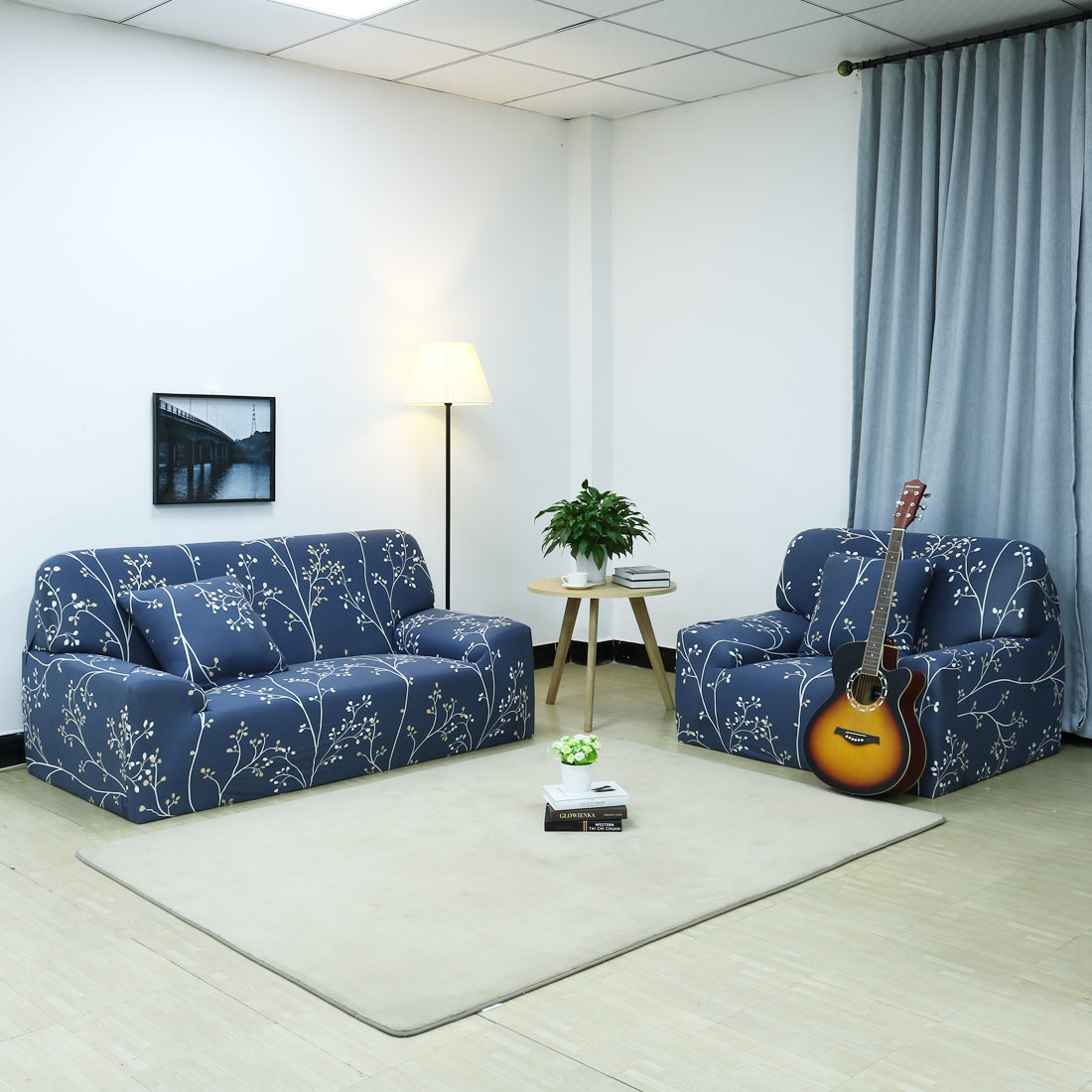Unique Bargains 1-Piece Contemporary Floral Stretch Sofa couch slip cover, Blue