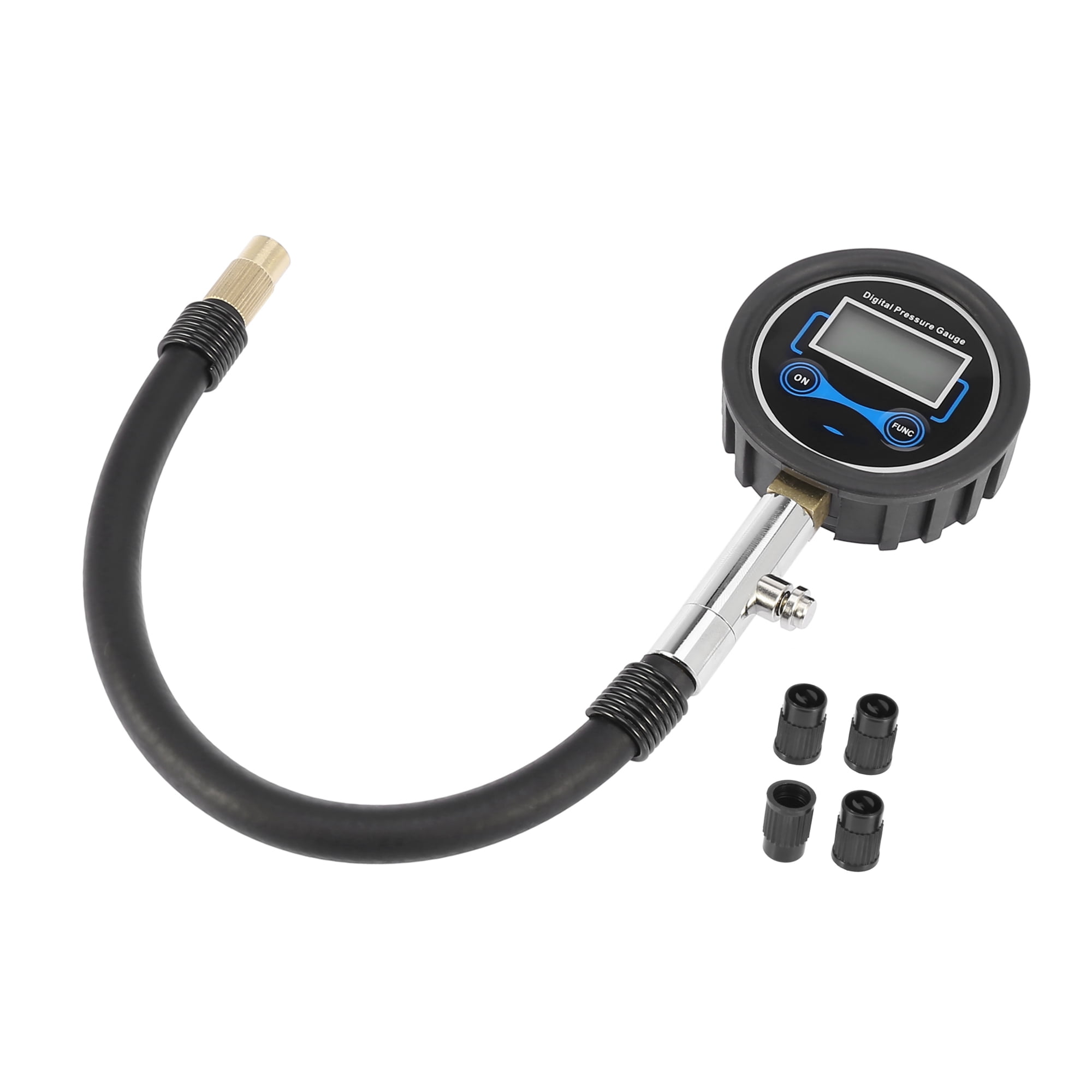 Unique Bargains 1 Set 200 PSI Portable Car Digital Pressure Gauge with 4 Tire Valve Caps