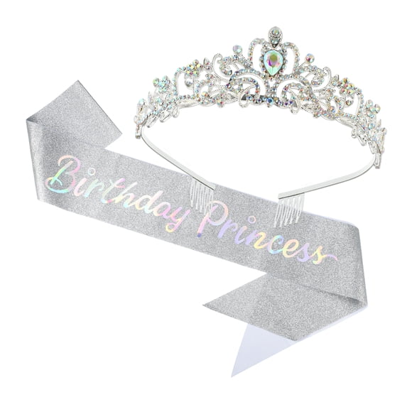 Unique Bargains 1 Set Birthday Tiara Crown Silver Tone Birthday Party Queen Tiara Headbands for Girl Women