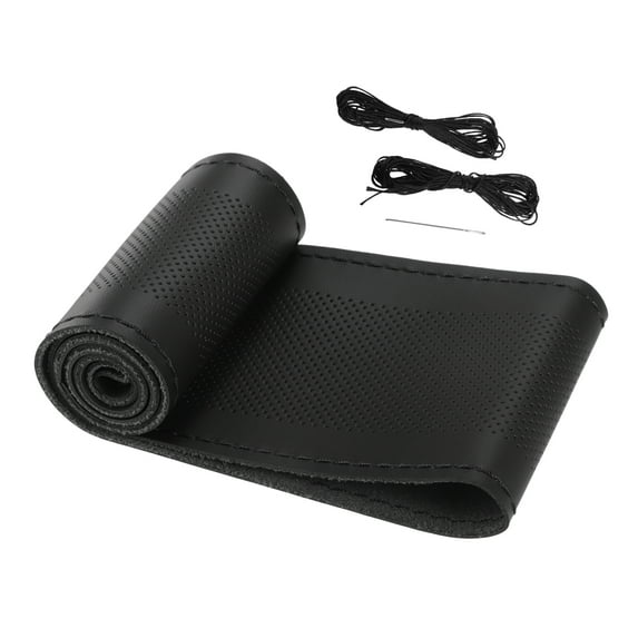Unique Bargains 1 Set Car Hand Sewn DIY Steering Wheel Cover 38cm Stitch on Wrap Cover Microfiber Leather Black Stitches