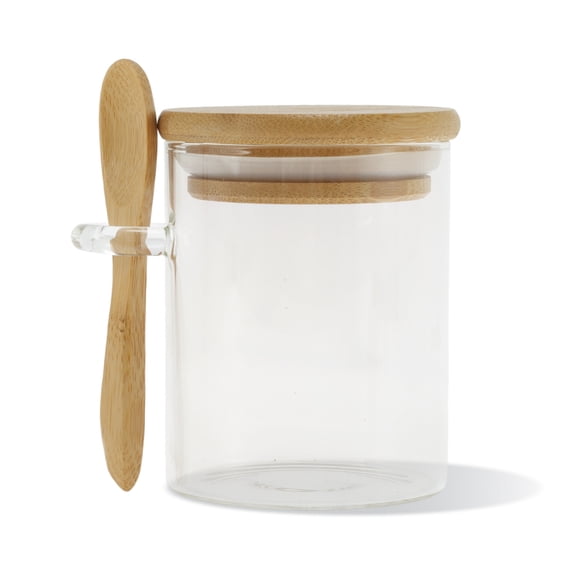 Unique Bargains 1 Set Decorative Jars Durable 7.05oz with Bamboo Lid & Spoon Clear Organizing Jars 3.15" Height Wood Color Clear