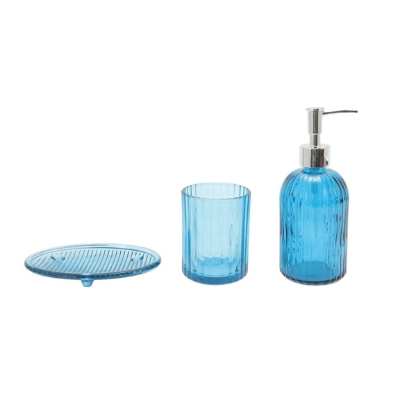 Unique Bargains 1 Set Durable Vertical Stripes Bathroom Accessories Kit Blue Glass