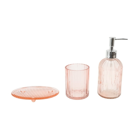 Unique Bargains 1 Set Durable Vertical Stripes Bathroom Accessories Kit Pink Glass