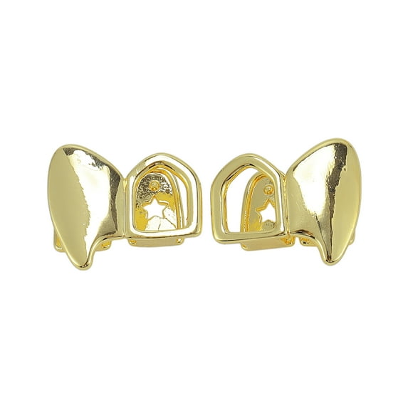 Unique Bargains 1 Set Fake Grills Hip Hop Left and Right Teeth Grillz Gold Tone
