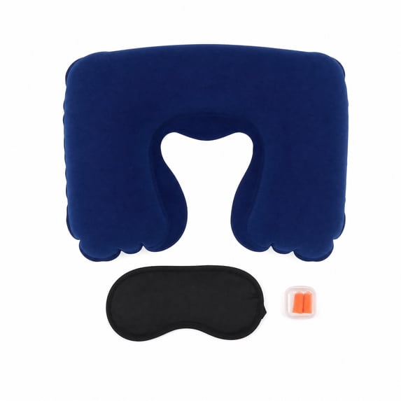 Unique Bargains 1 Set Inflatable Travel Pillow with Eye Mask Earplugs Comfortable Travel Neck Pillow Blue