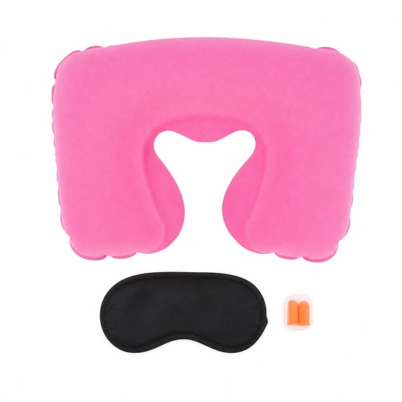 Unique Bargains 1 Set Inflatable Travel Pillow with Eye Mask Earplugs Comfortable Travel Neck Pillow Pink