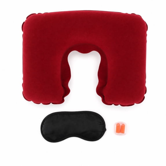 Unique Bargains 1 Set Inflatable Travel Pillow with Eye Mask Earplugs Comfortable Travel Neck Pillow Wine Red