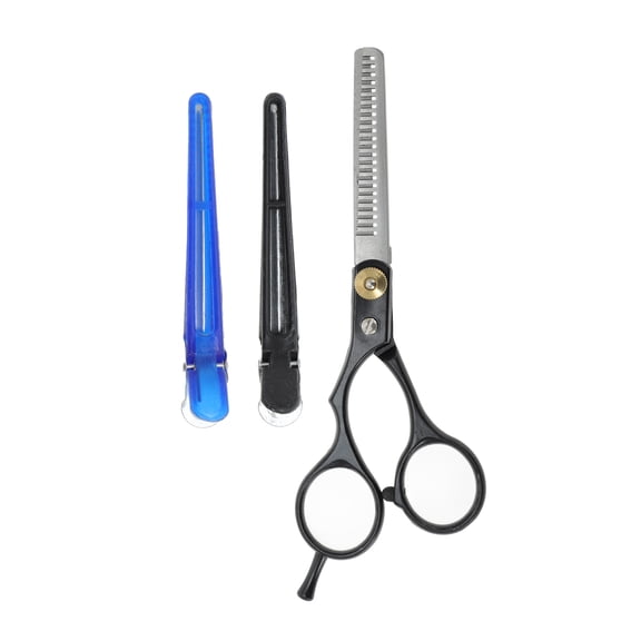 Unique Bargains 1 Set Portable Tooth Style Hair Cutting Scissors for Hair Styling Silver Tone Black