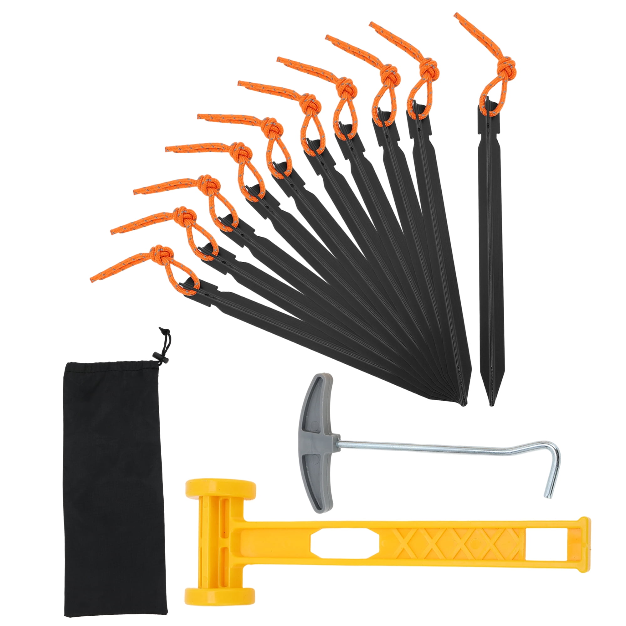 Unique Bargains 1 Set Reusable 10xNails 1xBag 1xPlastic Hammer 1xNail Puller Tent Pegs for Camping Black Aluminum Alloy Polyester Bag Plastic PP Steel