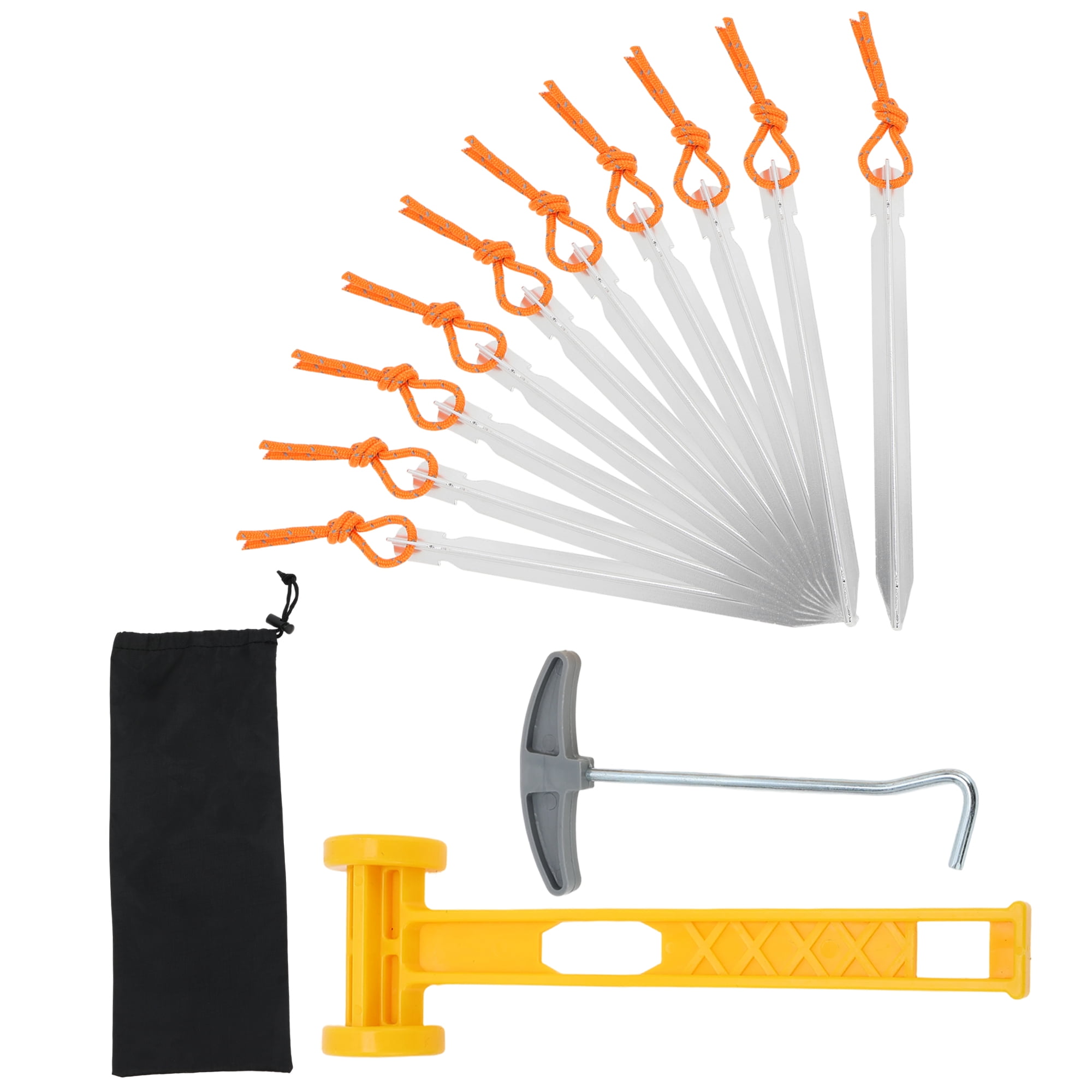 Unique Bargains 1 Set Reusable 10xNails 1xBag 1xPlastic Hammer 1xNail Puller Tent Pegs for Camping Silver Tone Aluminum Alloy Polyester Bag Plastic PP Steel