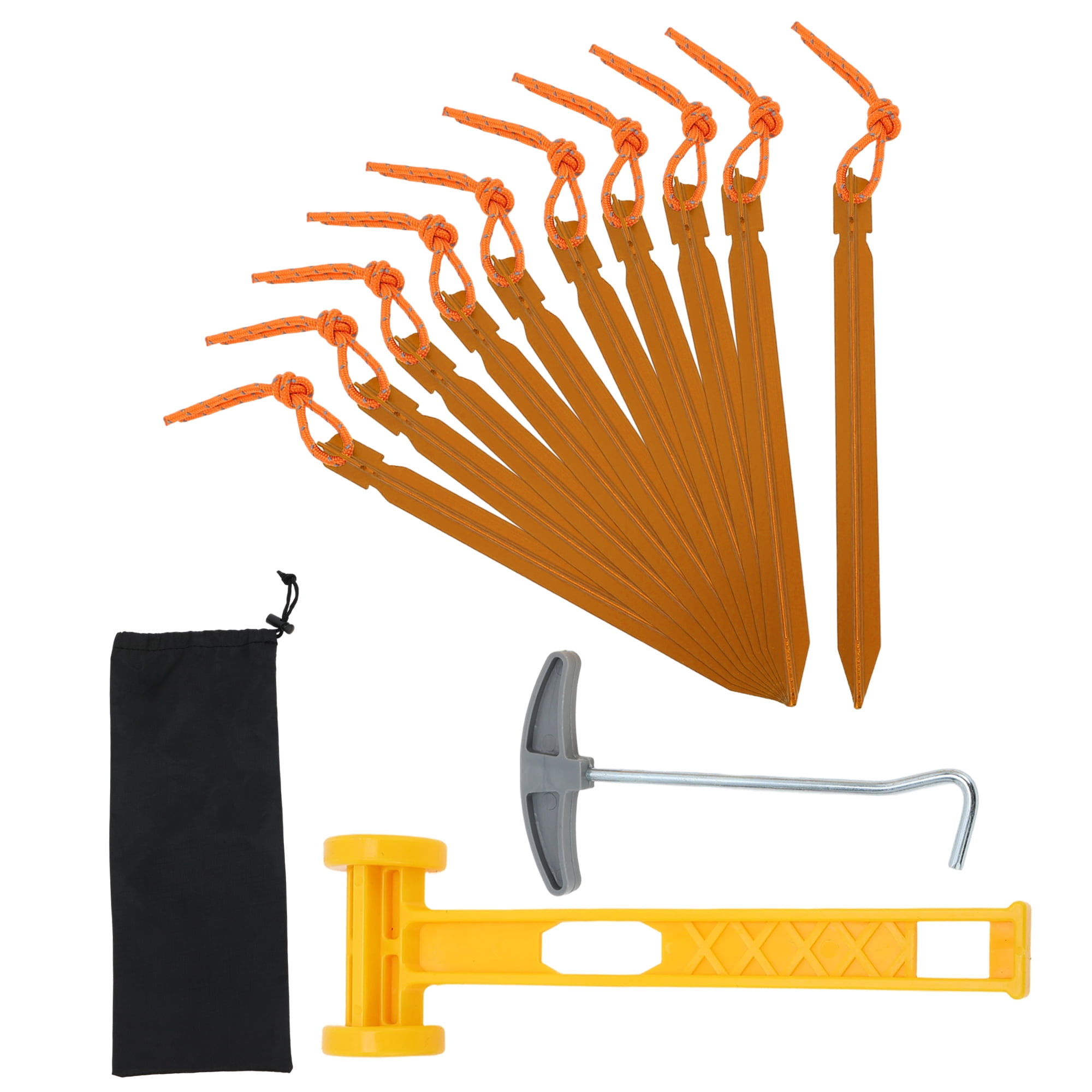 Unique Bargains 1 Set Reusable 10xNails 1xBag 1xPlastic Hammer 1xNail Puller Tent Pegs for Camping Yellow Aluminum Alloy Polyester Bag Plastic PP Steel